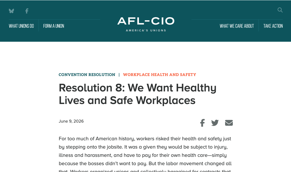 I support AFL-CIO’s Healthy Lives and Safe Workplaces Resolution